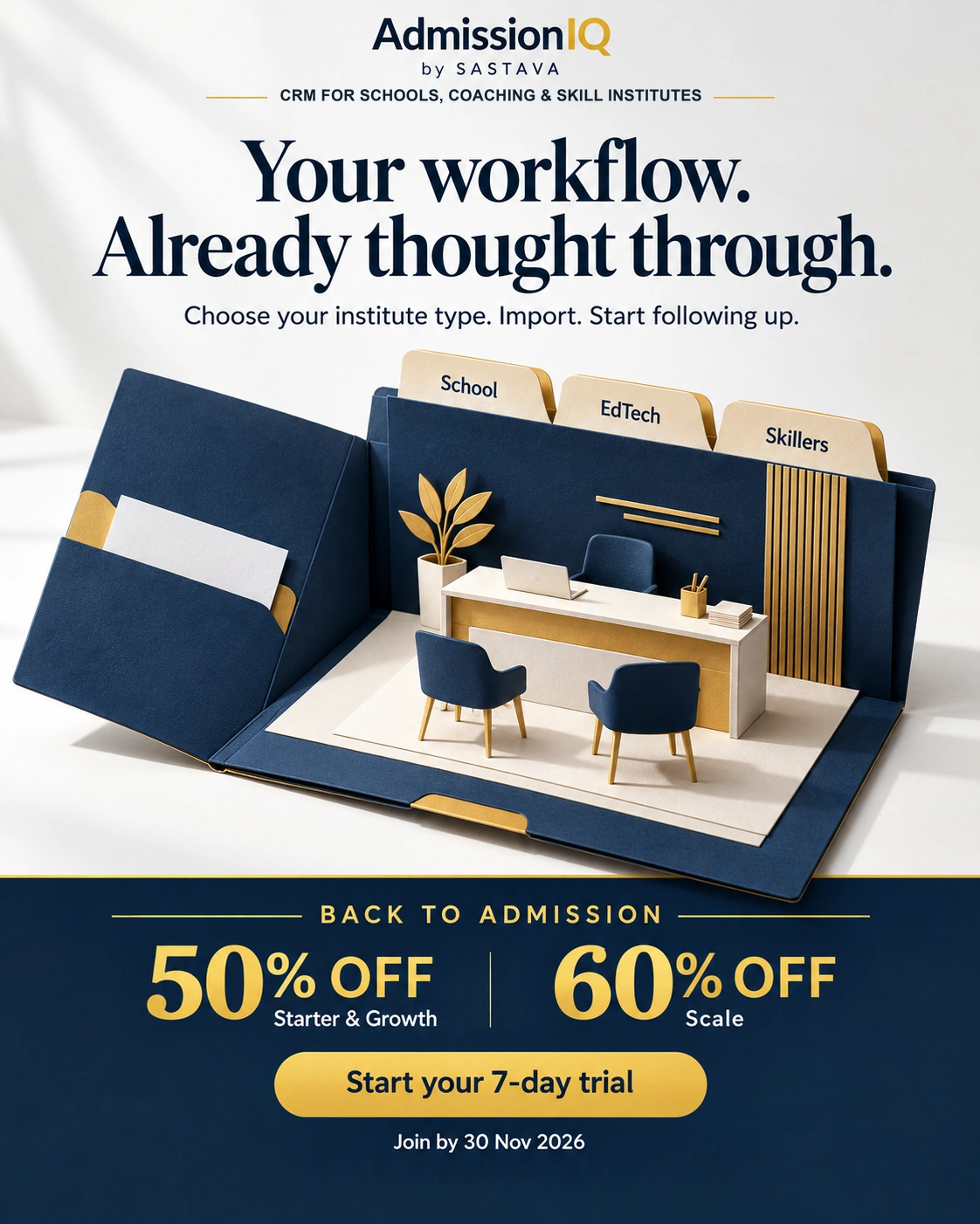 AdmissionIQ by SASTAVA, CRM for schools, coaching and skill institutes. Back to Admission offer: 50% off Starter and Growth, 60% off Scale. Join by 30 Nov 2026. Annual billing, payment authorisation required.